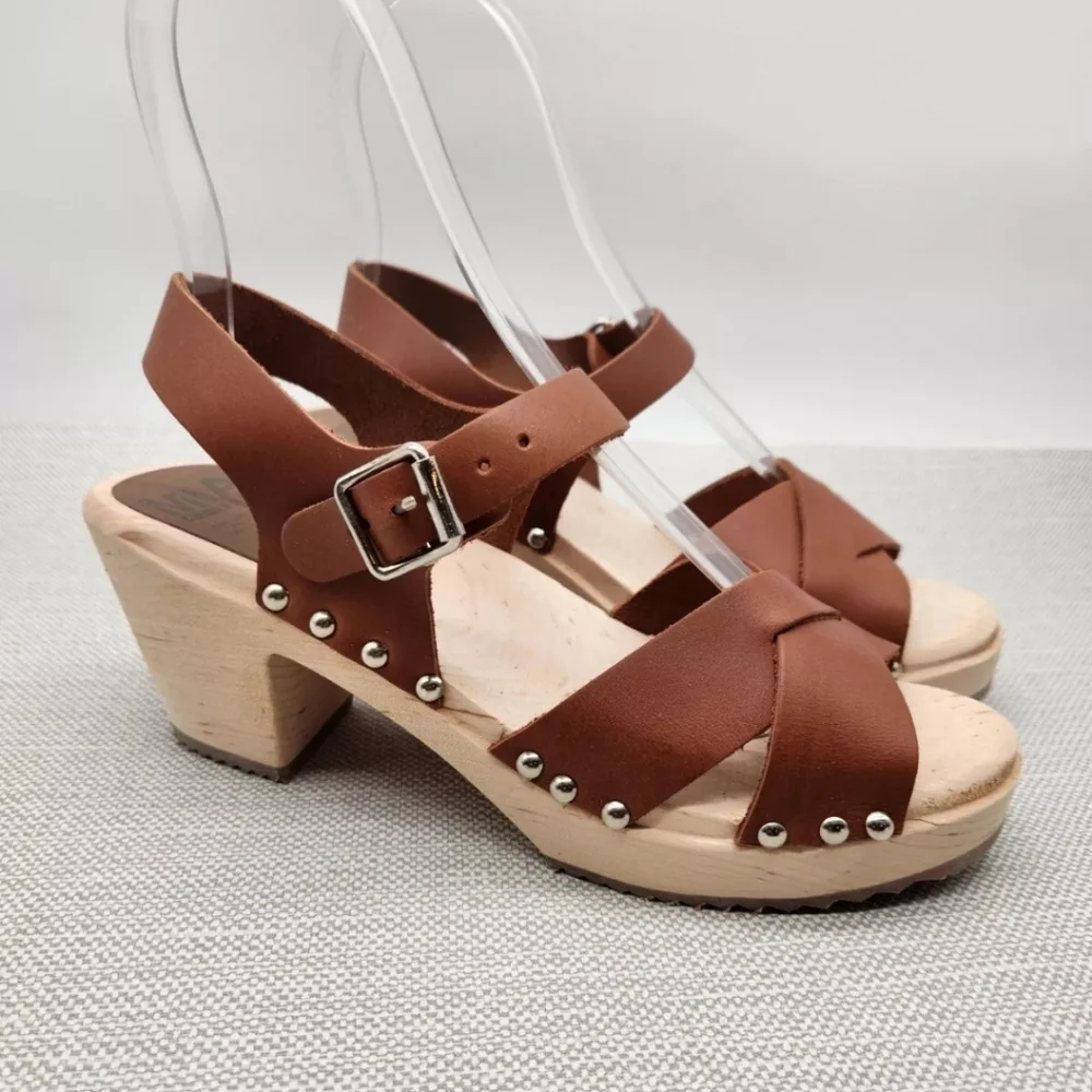 Mia Gertrude size 39 swedish clog sandals brown Luggage Leather Wood Boho